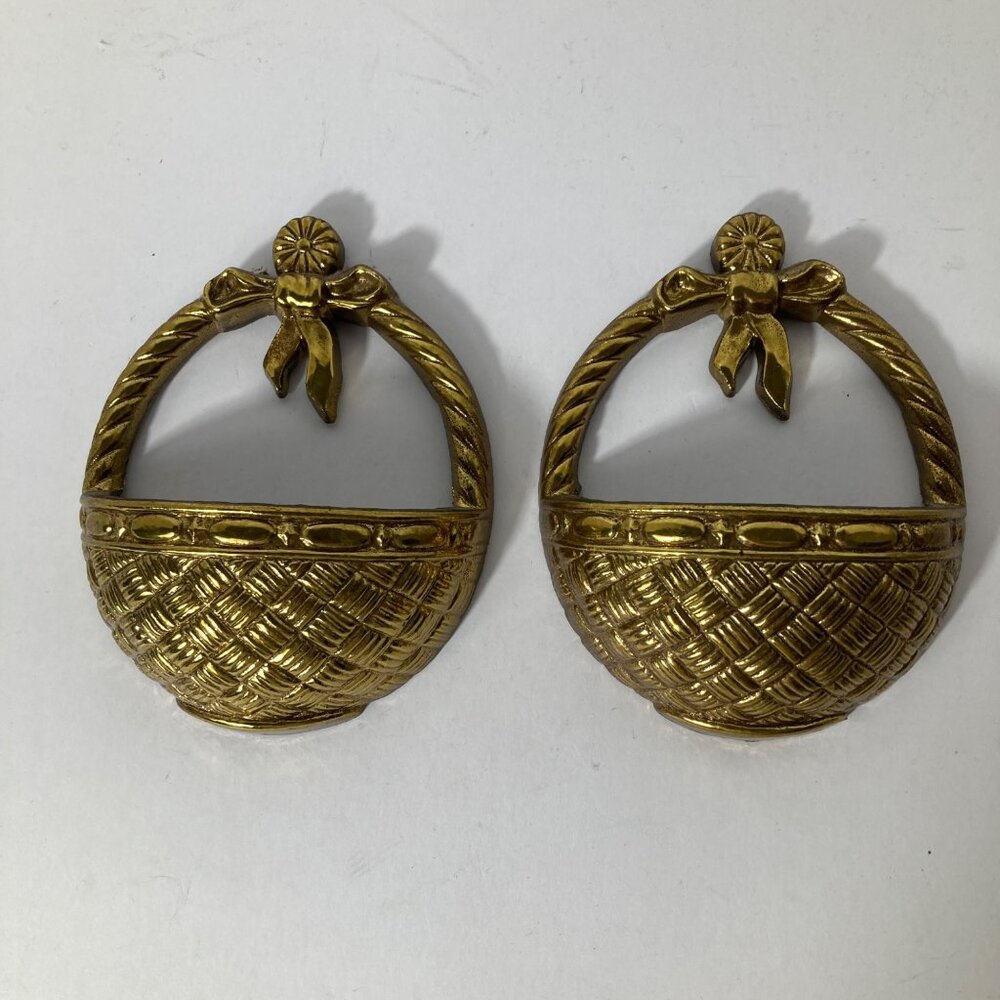 Pair of Vintage‎ Burwood1988 Basket Wall Pockets Gold 4 x 5" Plastic
